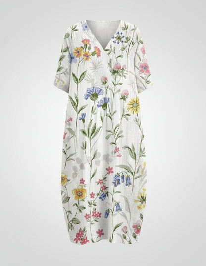 Women's Floral Linen V-Neck Dress