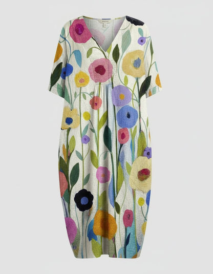 Women's Floral Linen V-Neck Dress